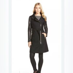 Mackage Dale Black Belted 70% wool 10% cashmere leather sleeve Jacket